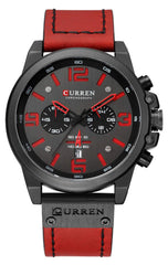 CURREN Watches for Men Red Leather Strap Watch Classic Casual Dress Military Watch Waterproof Chronograph Date Analog Quartz Watch (Black red)