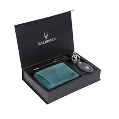 WildHorn® RFID Protected Genuine Leather Wallet & Gift Combo for Men - GIFT1173 BLUE HUNTER+BLK S+BLU KRING-BLUE
