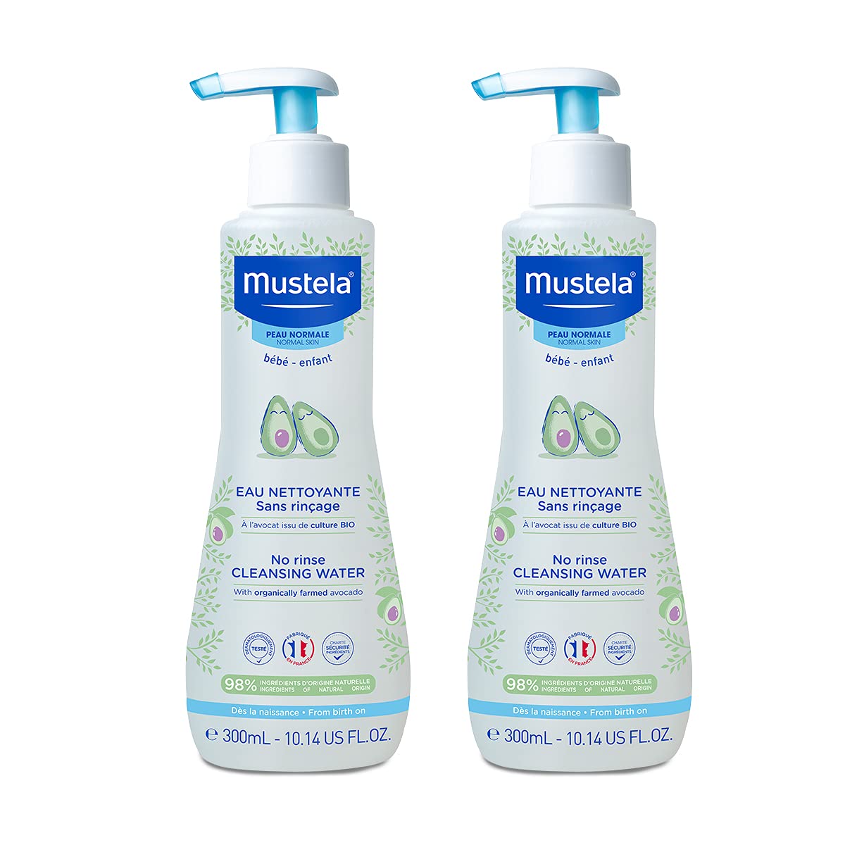 Mustela Baby Cleansing Water - No-Rinse Micellar Water - with Natural Avocado for Baby's Face, Body & Diaper - 300ml - Pack of 2