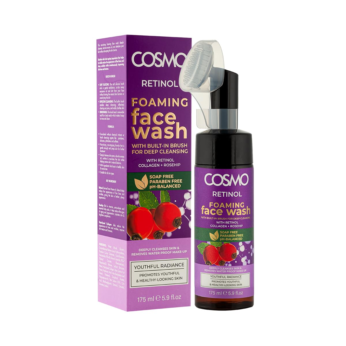 CD COSMO DESIGNS Retinol Foaming Face Wash With Built-In Brush For Deep Cleansing, Paraben Free & pH Balanced, For Healthy Looking Skin, For Daily Use - 175ml