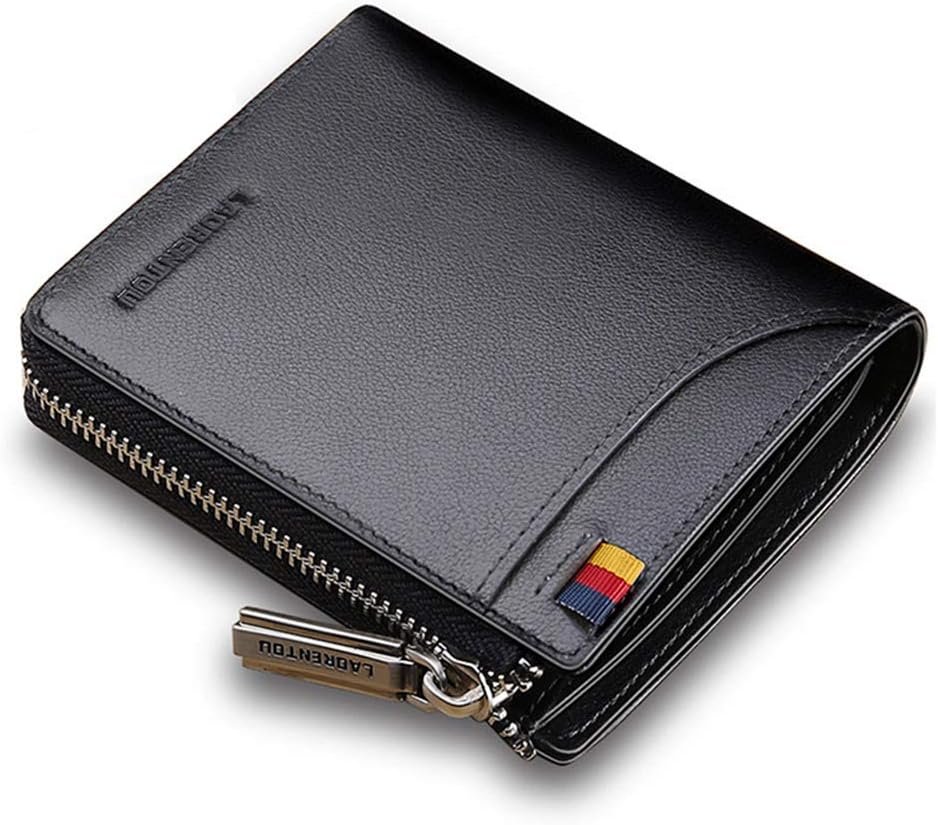 LAORENTOU Genuine Leather Wallets for Men, RFID Blocking, Multi Card Holder Slim Mens Wallet with Zipper Coin Purse, Bifold Wallet for Man, Boys, Teens, Black, medium, Coin Purse Wallet