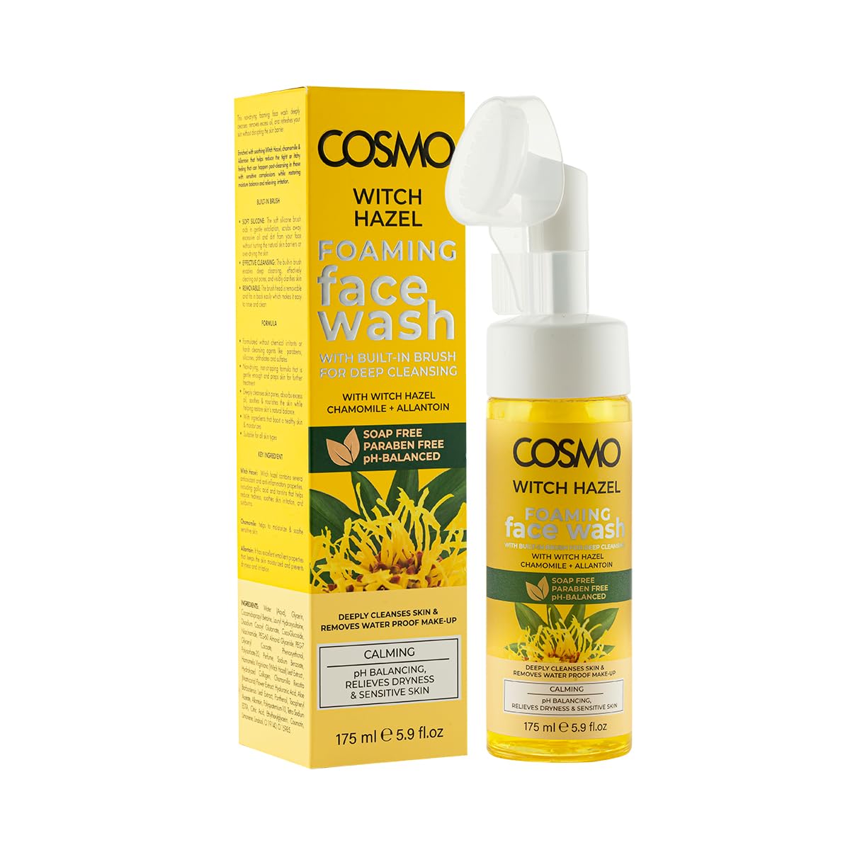 CD COSMO DESIGNS Witch Hazel Foaming Face Wash 175ml, With Built in Brush for Deep Cleansing, Ph Balanced and Paraben Free, Relieve Dryness & Sensitive Skin, for Daily Use