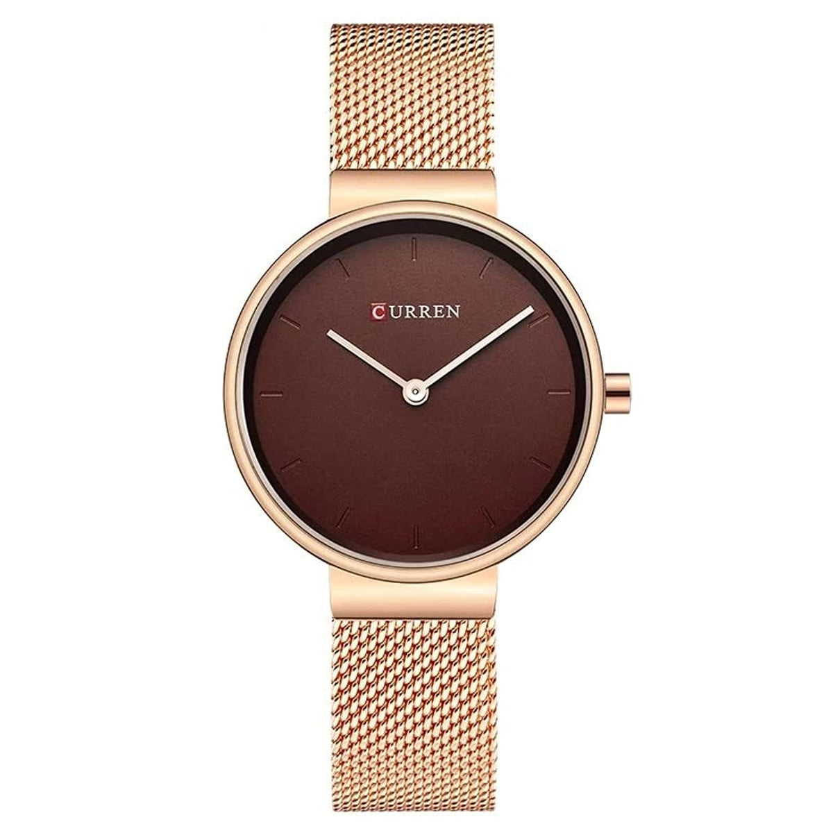 CURREN Ladies analog watch rose gold stainless steel case maroon dial rose gold stainless steel bracelet