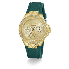 GUESS P GLD CS W/CRYS/SUN CHAMP MF DL/GREEN TEXTURED SILICONE STRP