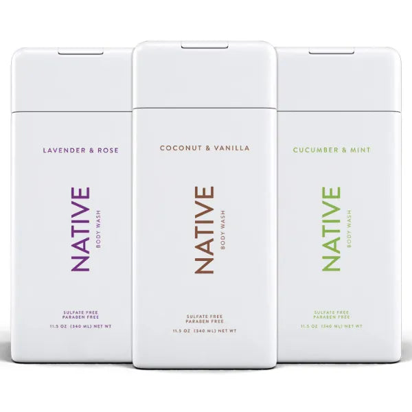 Native Body Wash - Natural Body Wash For Women & Men - SLS & Paraben Free - Cucumber & Mint, Coconut & Vanilla, Lavender & Rose - 11.5 oz (Pack of 3)