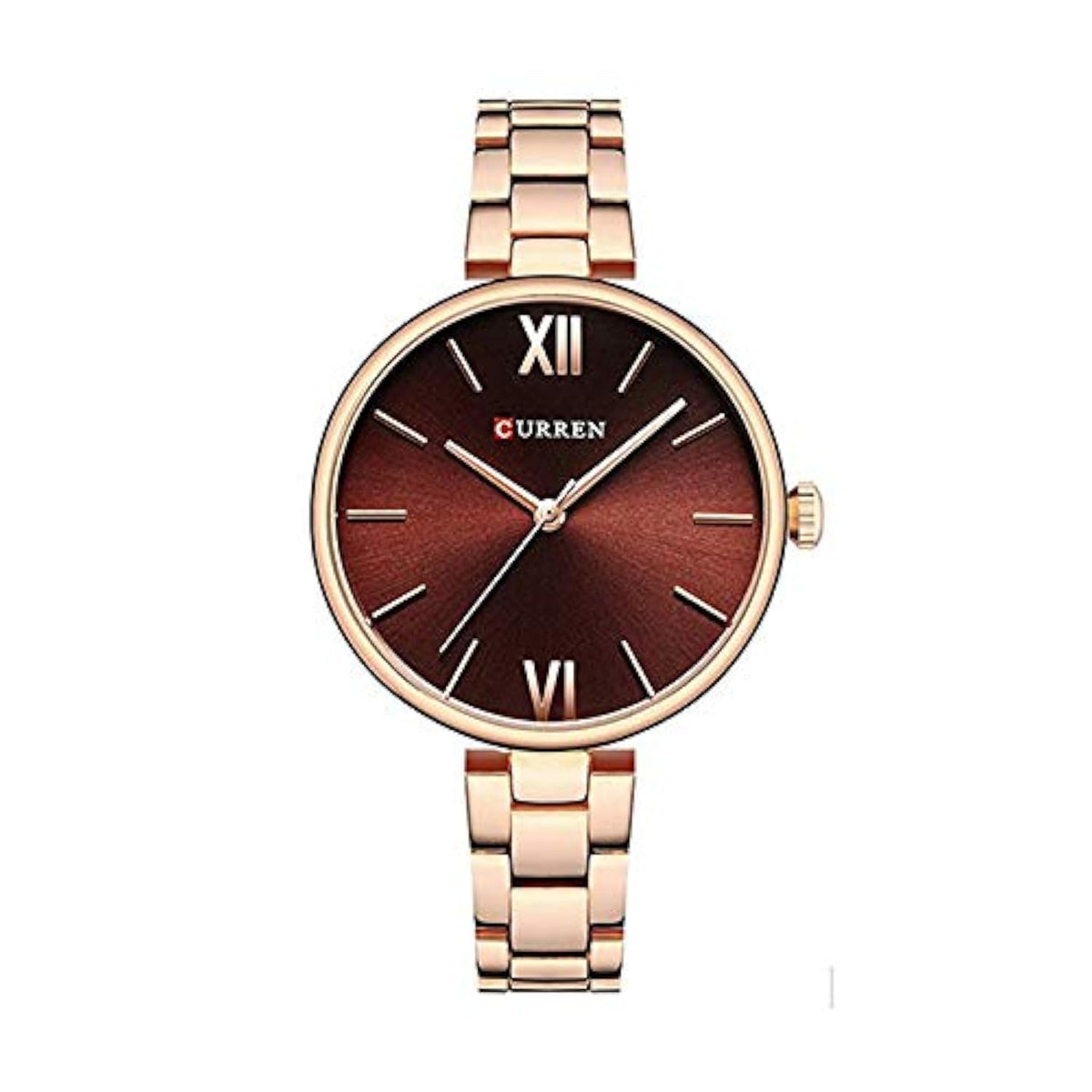 Curren 9017 Quartz Movement Round Dial Stainless Steel Waterproof Women Watch -Rose Gold,Brown