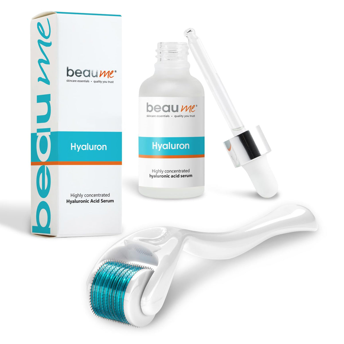 BEAUME® Set: Dermaroller with 540 needles • the Original • certified in Germany (0,50mm) & BEAUME® Highly Concentrated Hyaluron Serum 30ml • free of parabens