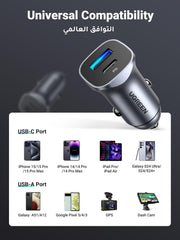 UGREEN PD 24W Car Charger Fast Charging Dual USB Car Plug Adapter Car Charger Type C Compatible with iPhone 16 Pro Max/16 Pro/15/14/13 Pro Max/12/11, iPad Pro/mini 6,Samsung S24/S23, Huawei Mate60,etc