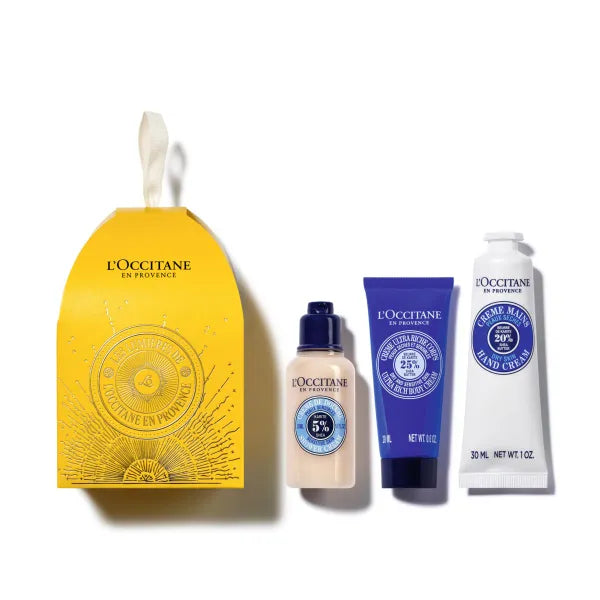 L'OCCITANE Shea Holiday Ornament Gift Set for Comforted & Nourished Skin: Includes Travel-Sized Shea Butter Hand Cream, Ultra Rich Body Cream and Milk Extra Gentle Soap