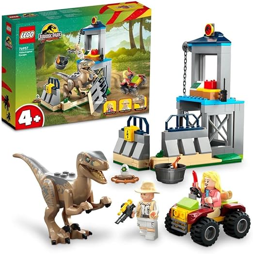 LEGO 76957 Jurassic Park Velociraptor Escape Dinosaur Toy for Boys, Girls, Kids Aged 4 and Up, Set with Dino Figure, Off-Road Car and 2 Minifigures