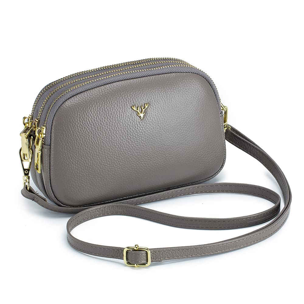 Small Crossbody Bags Genuine Leather Shoulder Handbags Trendy Design Cellphone Purses for Women and Girls - Grey