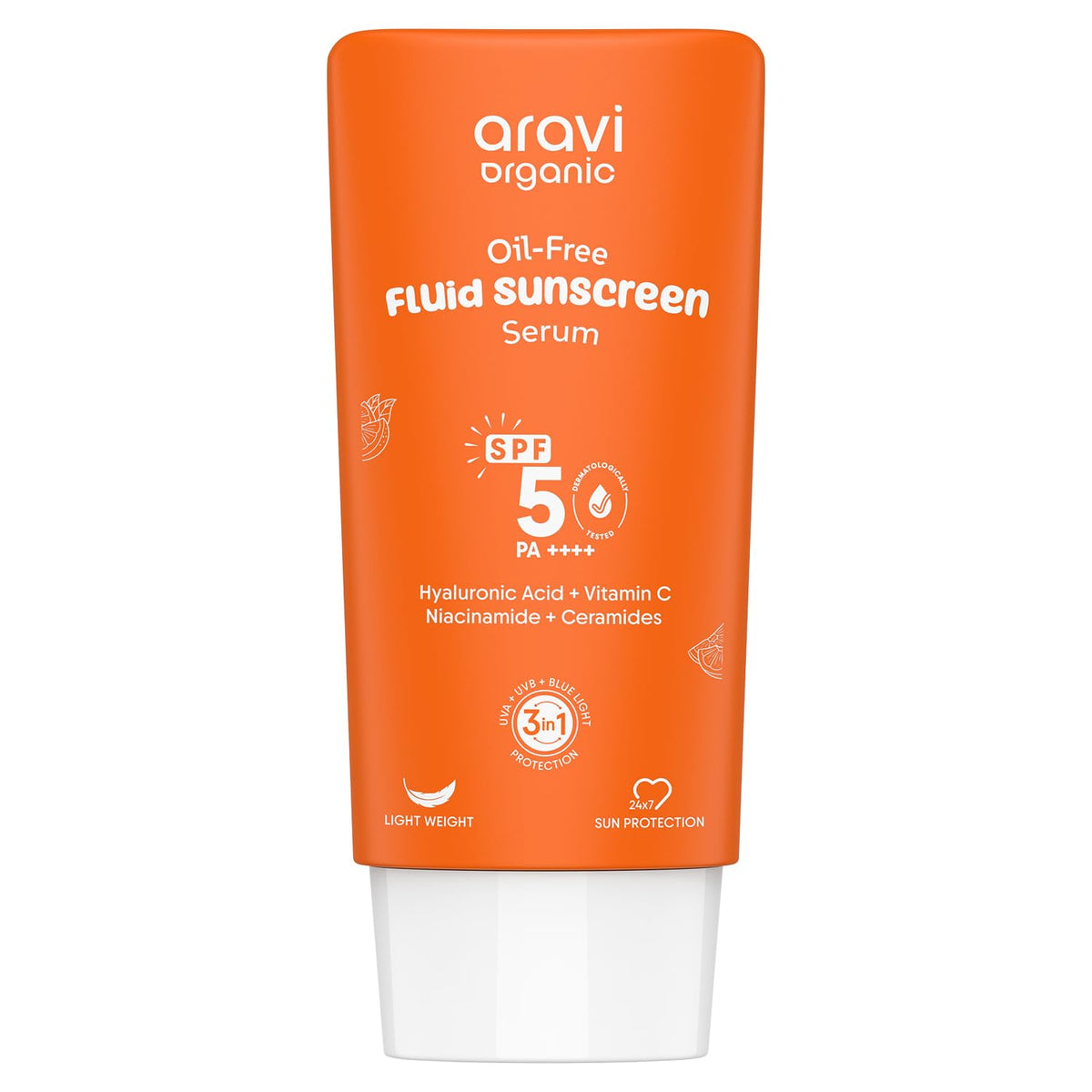 Aravi Organic Oil-Free Fluid Sunscreen Serum SPF 50 PA ++++ with Hyaluronic Acid, Vitamin C, Niacinamide & Ceramides | Lightweight, Non-Greasy, Chemical-Free | Protects from Sunburn & Tanning | 50ml