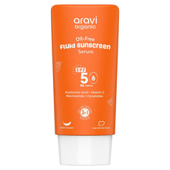 Aravi Organic Oil-Free Fluid Sunscreen Serum SPF 50 PA ++++ with Hyaluronic Acid, Vitamin C, Niacinamide & Ceramides | Lightweight, Non-Greasy, Chemical-Free | Protects from Sunburn & Tanning | 50ml