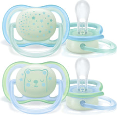 Philips Avent Soothers, 0-6m Ultra Air Night Soother with Glow-in-the-Dark Button, Star/Bear Design, Green/Blue (Pack of 2) - SCF376/11