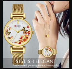 CURREN Ladies Analog Watch Gold Stainless Steel Case Floral Design Dial Gold Stainless Steel Bracelet