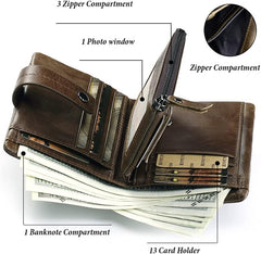SLGOL Men‘s Leather Wallet Genuine Leather RFID Blocking Bifold Zipper Pocket Card Holder with ID Window and Card Case Purse - 828-coffee