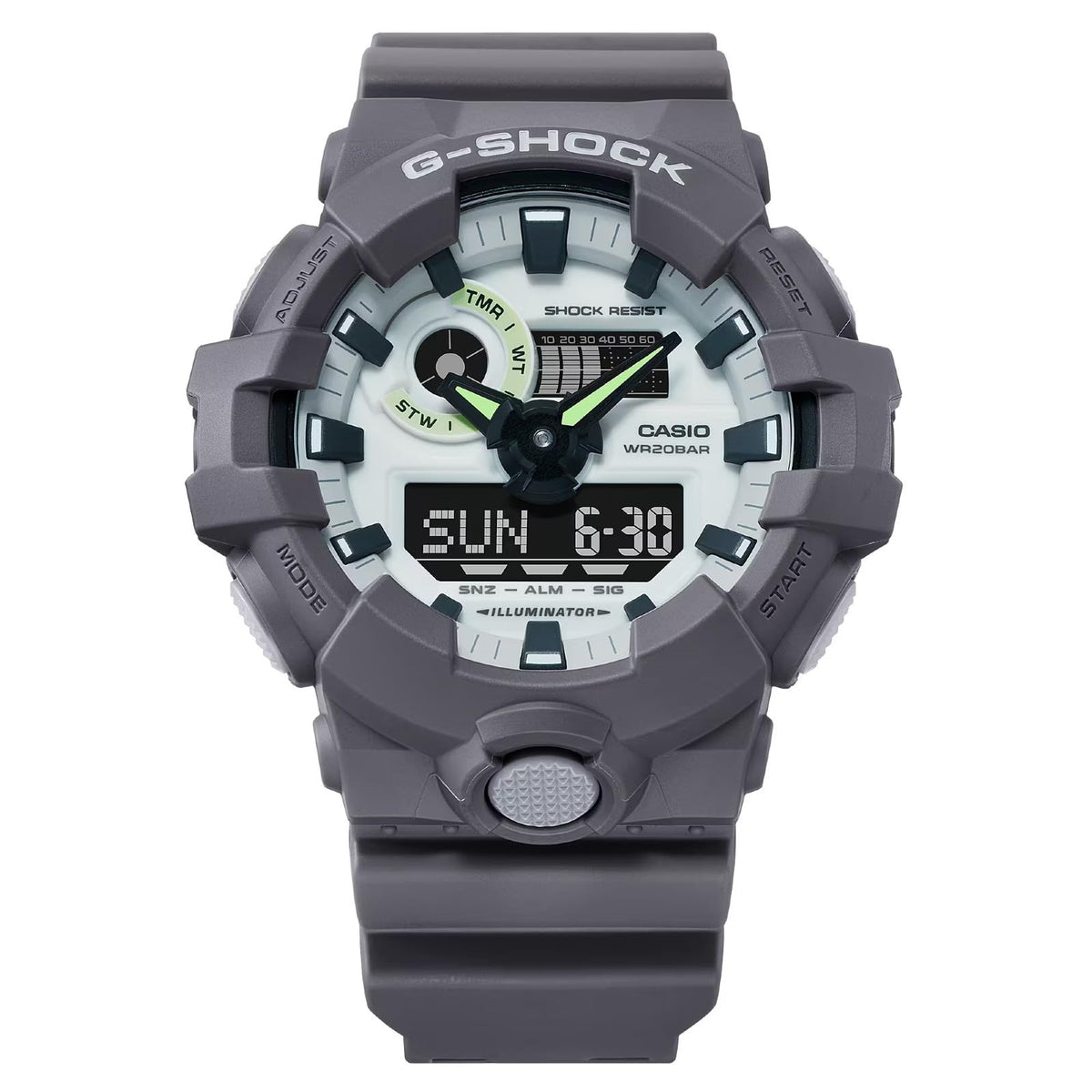 G-Shock Casio GA700HD-8ADR Analog/Digital Wrist Watch with Grey Rasin Band, 50 mm Size, White/Grey, Mens