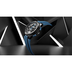 Bulova Men's Maquina Sport Black Ion-Plated Stainless Steel Case, 6-Hand Chronograph Quartz Watch with Matte Black Silicone Strap, Sapphire Crystal - Blue Strap/Blue Accents