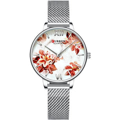 CURREN Ladies Analog Watch Stainless Steel Case Floral Design Dial Stainless Steel Bracelet - Silver