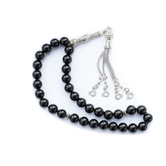 MIACIA 10mm Tasbih Prayer Beads Natural Black Agate Stone Islamic Misbaha Prayer Rosary Beads Muslim Islam Misbaha Bracelet Moon Tasbeeh Sibha 33 Prayer Beads Hand Bracelets, 10mm, Glass, Agate