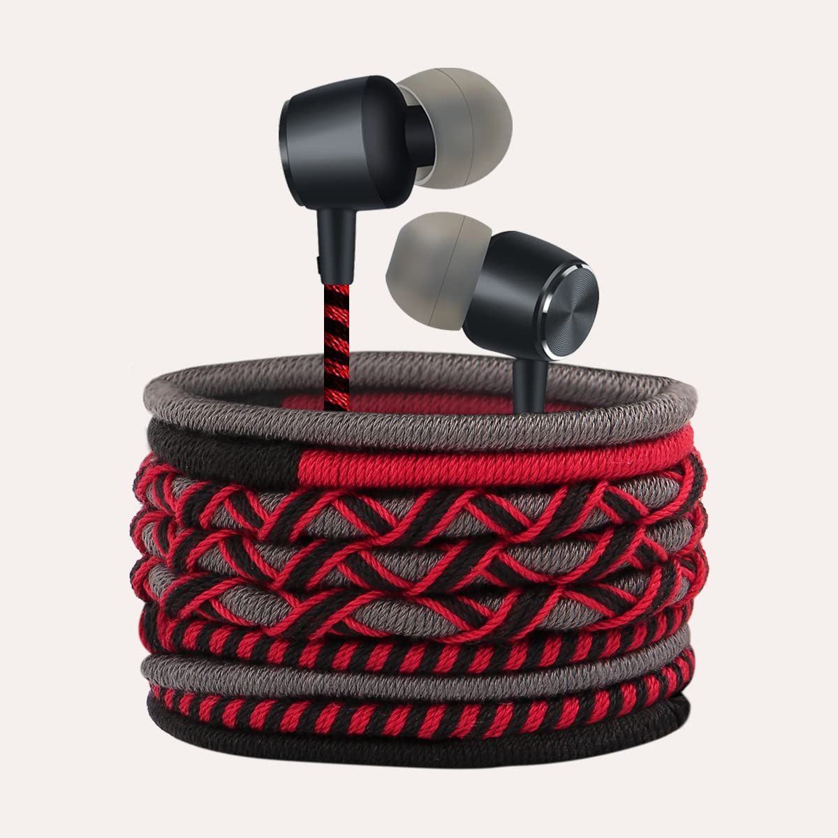 URIZONS 3.5mm Jack In Ear Earbuds Colorful Braided - Wired Headphones with Mic Noise Cancellation Tribe style Fabric weaven with Carry Case for Gift - hot pink