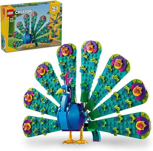 LEGO Creator 3in1 Exotic Peacock Toy to Dragonfly to Butterfly Figure Set, Small Animal Toys for 7 Plus Year Old Girls, Boys & Kids, Makes Great Desk Accessories, Gift Idea 31157