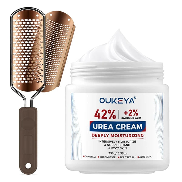 OUKEYA Urea Cream 42% plus Salicylic Acid 2% Net 350g for Dry Cracked Feet, Heels, Knees, Elbows, Hands Repair Treatment with Foot Scrubber Callus Remover for Feet