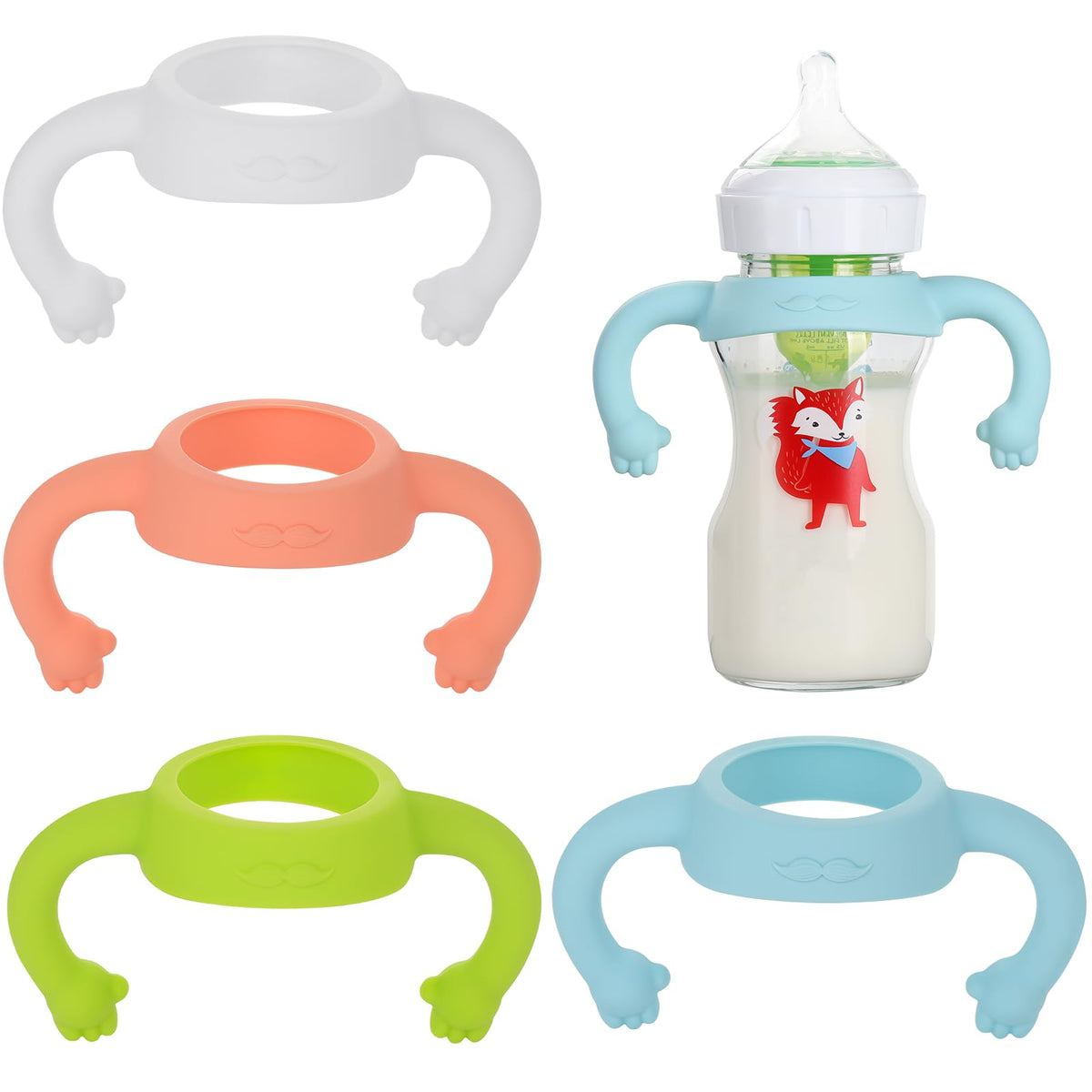 RAPUDA Baby Bottle Handles,4 Pack Silicone Baby Bottle Holder with Easy Grip Handles to Hold Their Own Bottle,Bottle Handles for 1.85" to 2.62" Diameter Baby Bottles and Straw Bottles