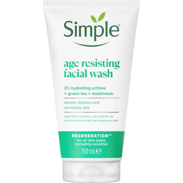 Simple Regeneration Age Resisting Facial Wash with green tea and prebiotic cleanser for revived and revitalised skin, 150ml