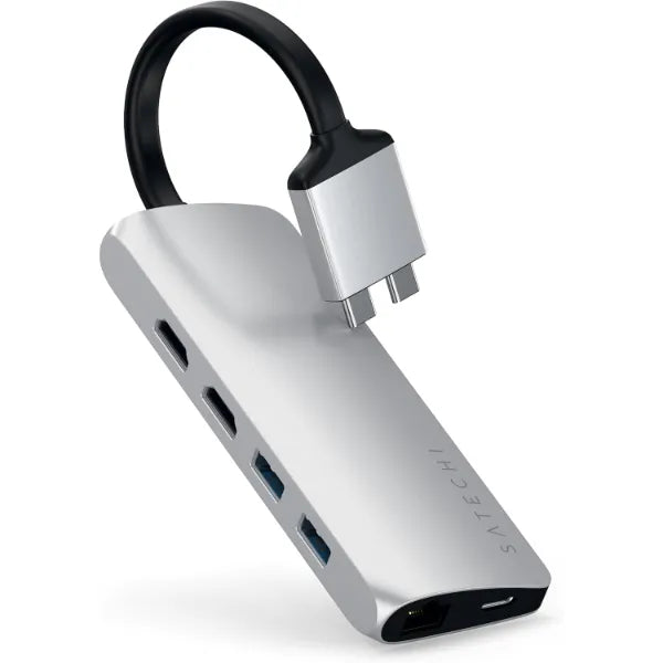 Satechi Type-C Dual Multimedia Adapter with Dual 4K HDMI, USB-C PD, Gigabit Ethernet, Micro/SD Card Readers, USB 3.0 - for M2/ M1 MacBook Pro/Max - Silver