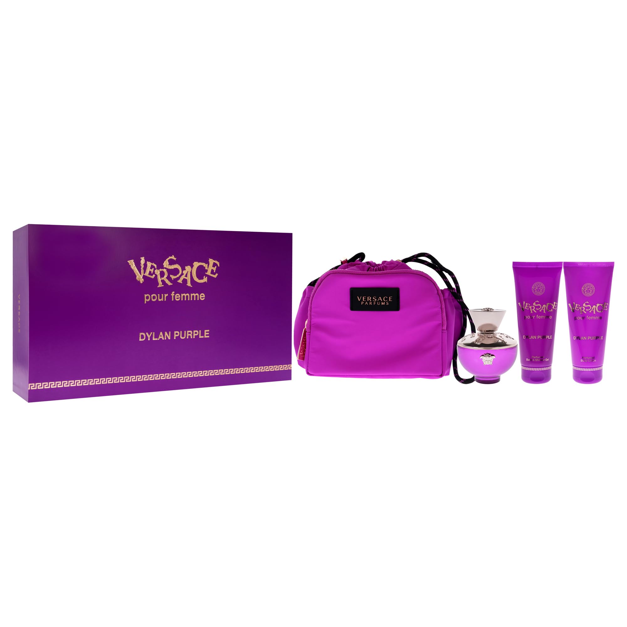 Versace Dylan Natural EDP Spray, Shower Gel, Body Lotion and Travel Bag 4-Piece Gift Set, Purple