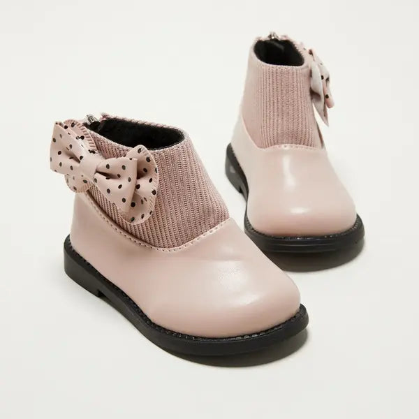 Patpat Toddler / Kids Polka Dots Bowknot Decor Back Zipper Knit Splicing Boots Pink