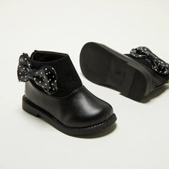 Patpat Toddler / Kids Polka Dots Bowknot Decor Back Zipper Knit Splicing Boots Black