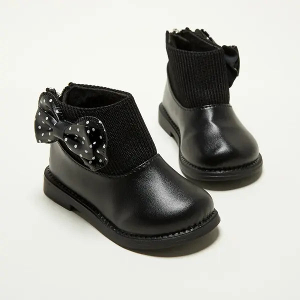 Patpat Toddler / Kids Polka Dots Bowknot Decor Back Zipper Knit Splicing Boots Black