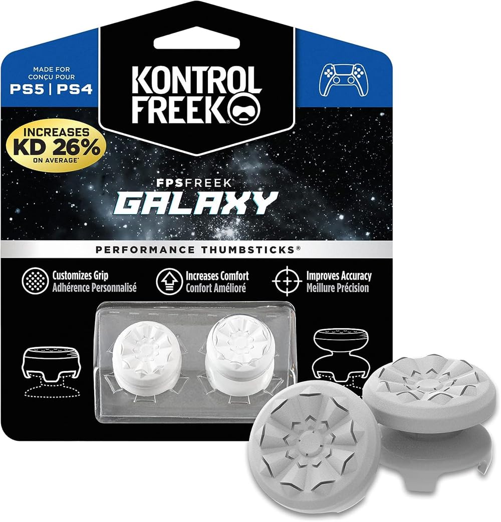 FPS Freek Galaxy White for PlayStation 4 (PS4) and PlayStation 5 (PS5) Performance Thumbsticks, Compatible Controller Grip Performance, Galaxy Themed Thumbstick Covers (1 High-Rise, 1 Mid-Rise, White)