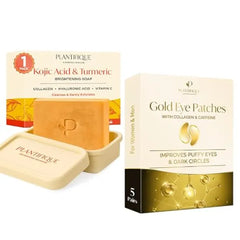 PLANTIFIQUE Kojic Acid Soap with Turmeric Face & Body Cleanser Bars with Hyaluronic Acid and Gold Eye Patches for Puffy Eyes and Dark Circles 5 Pairs