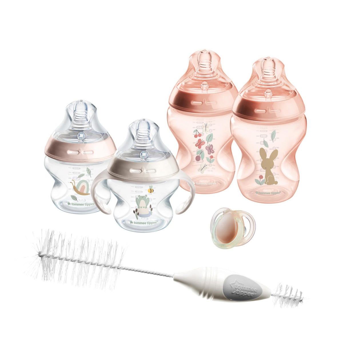 Tommee Tippee Natural Start Baby’s First Bottle Set, 2 x 5oz and 2 x 9oz Anti-Colic Bottles, Slow and Medium Flow, 0-6 Month Pacifier, Self-Sterilizing, Pink