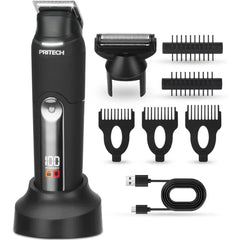 PRITECH Body Hair Trimmer for Men, Dual-Head Public Trimmer & Foil Shaver - Waterproof Electric Razor for Men Wet/Dry Groomer, USB-C Rechargeable Ball Shaver with Ceramic Blades & Travel Lock, Black