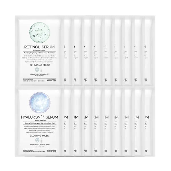OOTD Retinol + Hyaluron Serum Korean Sheet Mask Sheet Gift Pack [20 Count] Plumping Glowing Luminating Hydrating Rejuvenating Sheet Mask Gift Pack