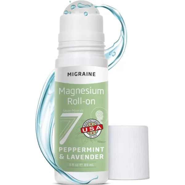 Seven Minerals Migraine Roll On Stick with Magnesium, Peppermint & Lavender - Natural Tension Headache Relief with Real Magnesium, Not Just Oils, USA Made, 3 Fl Oz