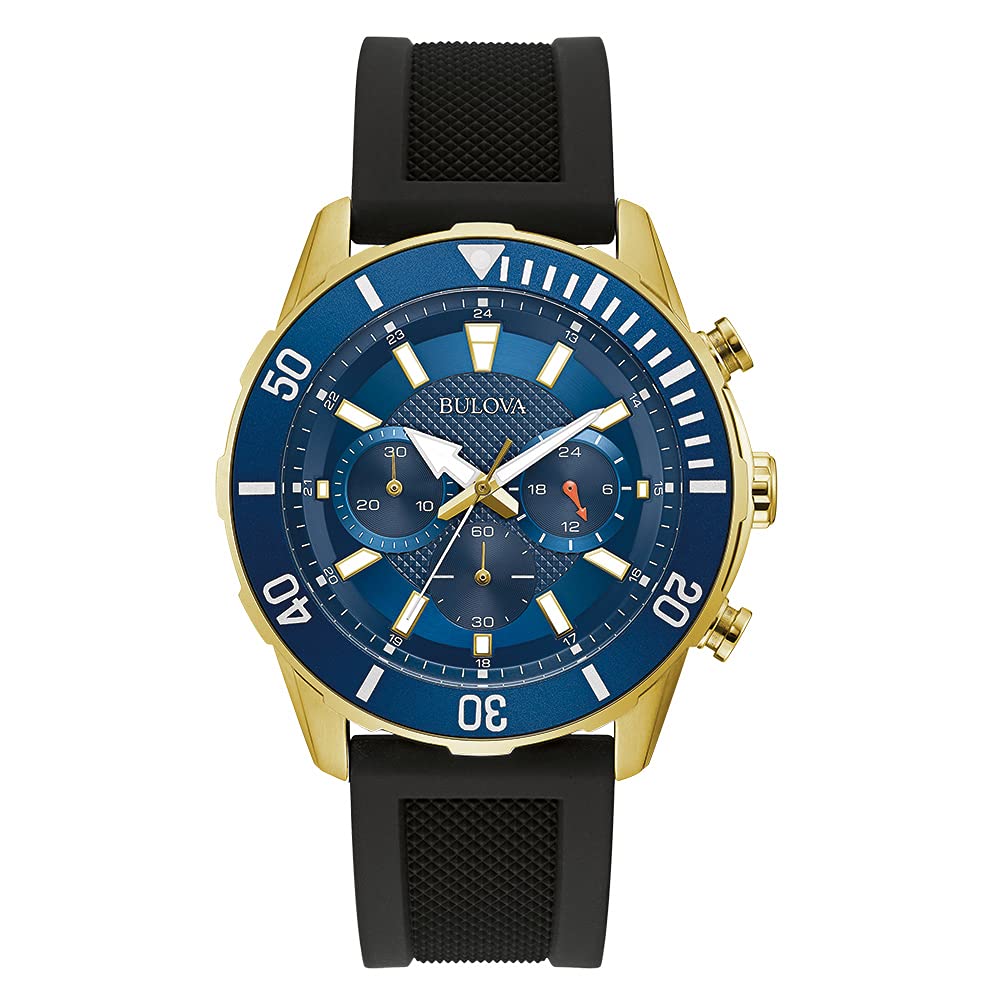 Bulova Men's Sport 6-Hand Chronograph Quartz Watch with Silicone Strap, 24 Hour Time, Calendar Date, Luminous Hands and Markers, 100M Water Resistant, 44mm - Gold and Black