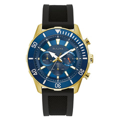 Bulova Men's Sport 6-Hand Chronograph Quartz Watch with Silicone Strap, 24 Hour Time, Calendar Date, Luminous Hands and Markers, 100M Water Resistant, 44mm - Gold and Black