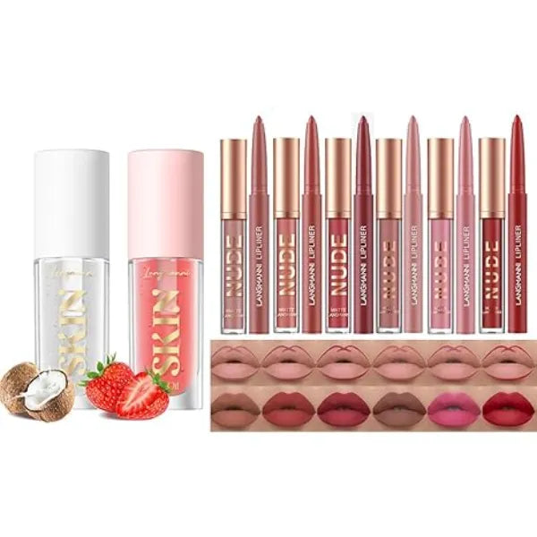 LANGMANNI Lip Oil Strawberry+Coco+6 Matte Lipstick with 6 Lipliners Durable Makeup Set(#C)