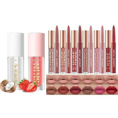 LANGMANNI Lip Oil Strawberry+Coco+6 Matte Lipstick with 6 Lipliners Durable Makeup Set(#C)