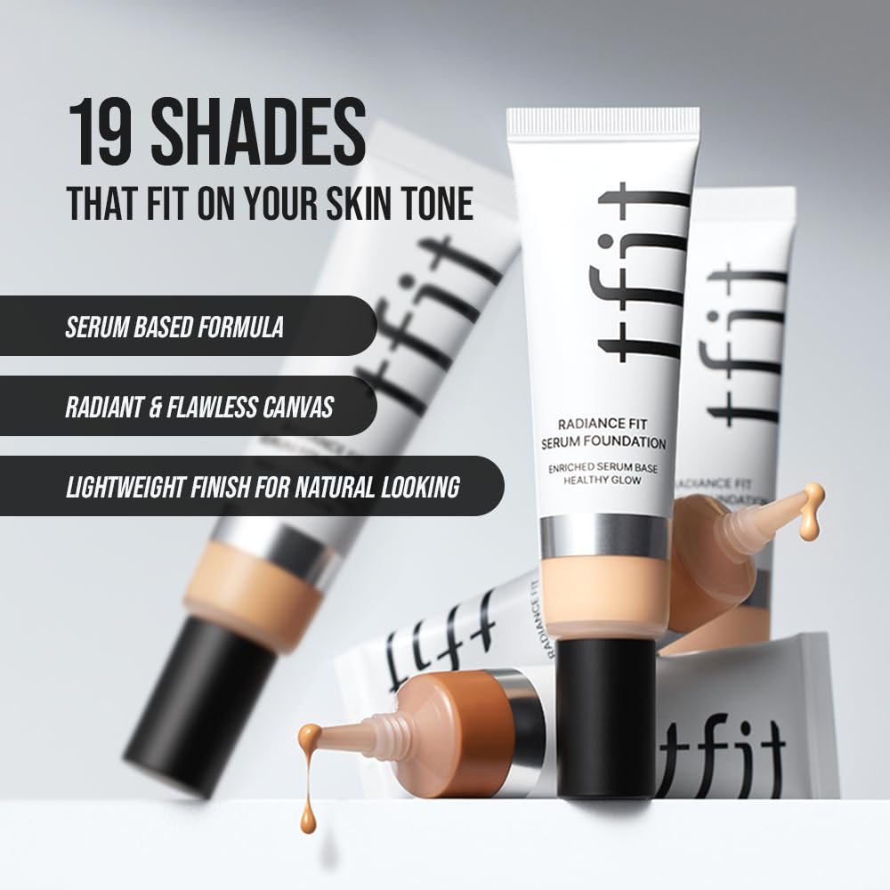 TFIT Radiance Fit Serum Foundation - Flawless Coverage, Dewy Finish, Long-Lasting, Lightweight (C02 Peach, 1.05 Oz.)