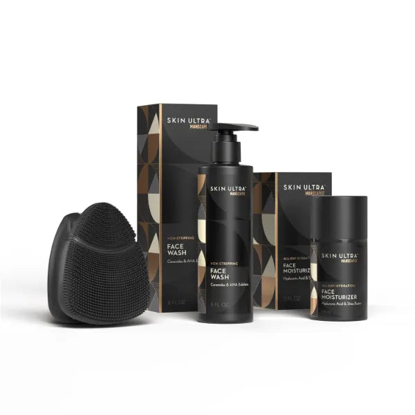 MANSCAPED Skin Ultra Starter Kit - Men's Daily Skincare Routine with Face Buffer PRO Electric Silicone Scrubber, Exfoliating Face Wash with Ceramides, Facial Moisturizer Infused with Hyaluronic Acid