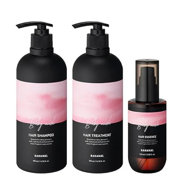 BANANAL Perfumed Hair Care Trio Shampoo, Treatment & Essence Damage Repair, Frizz Control & Shine Botanical Oils, Keratin & Amino Acids Korean Hair Scalp, Baby Musk