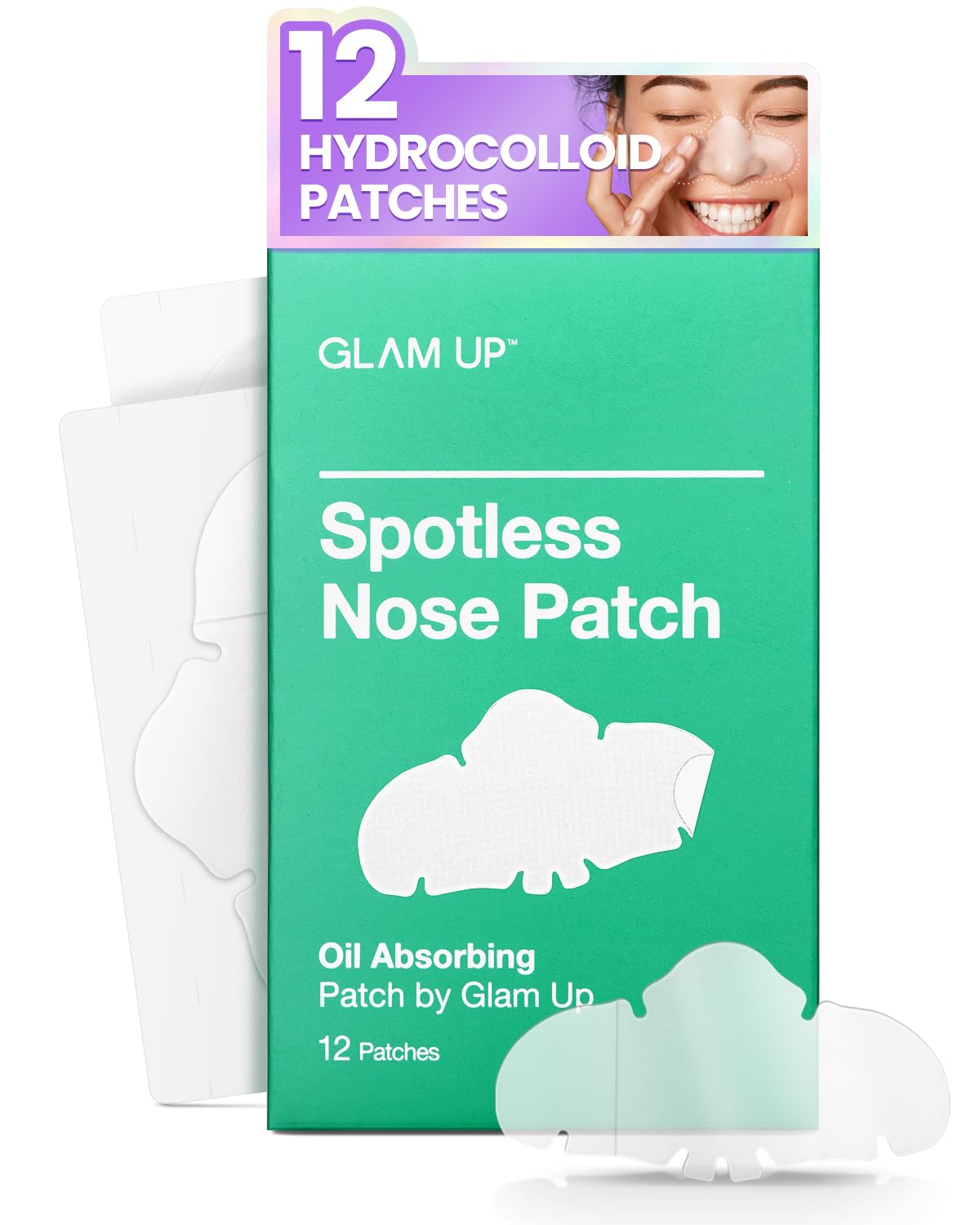 GLAM UP Spotless Nose Patch Hydrocolloid Coverage for Nose Pores,Zits and Oil - Strong Waterproof to Absorb Acne Nose Gunk, and Calm Treatment with Tea Tree (12 Patches)