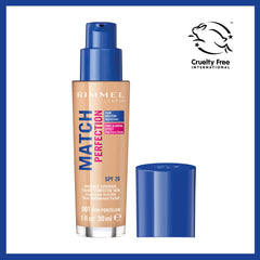 Rimmel Match Perfection Foundation 001 Fair Porcelain, Medium Coverage, 24H Hydration, No Clumping or Creasing, Lightweight, Reduces Imperfections, Invisible Coverage, SPF 20, Cruelty-Free