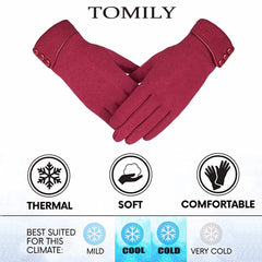 Tomily Womens Touch Screen Phone Fleece Windproof Gloves Winter Warm Wear - Wine Red